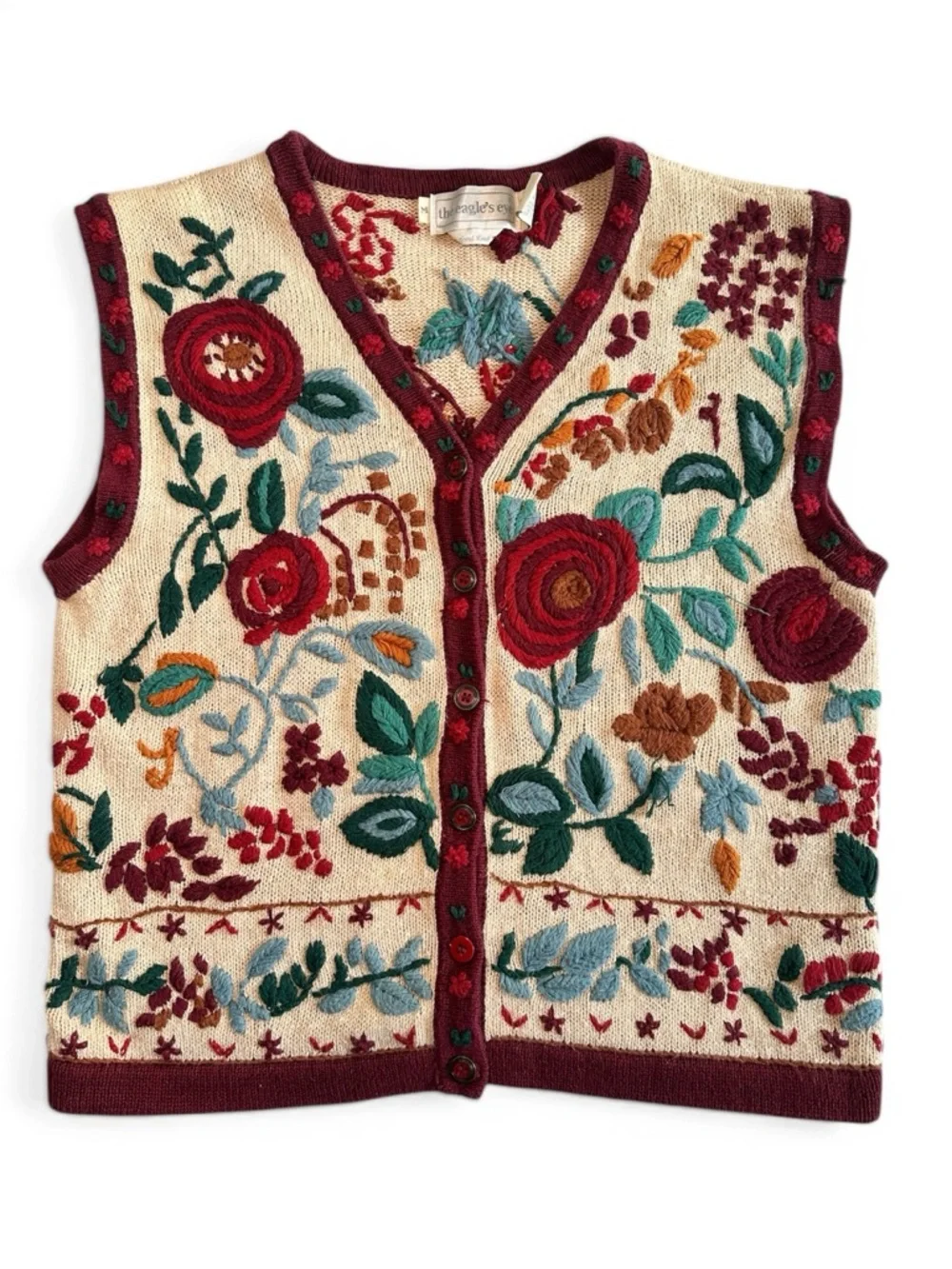 Vintage 90s The Eagle’s Eye Hand Knit Floral Embroidered Sweater Vest - Picture 1 of 10